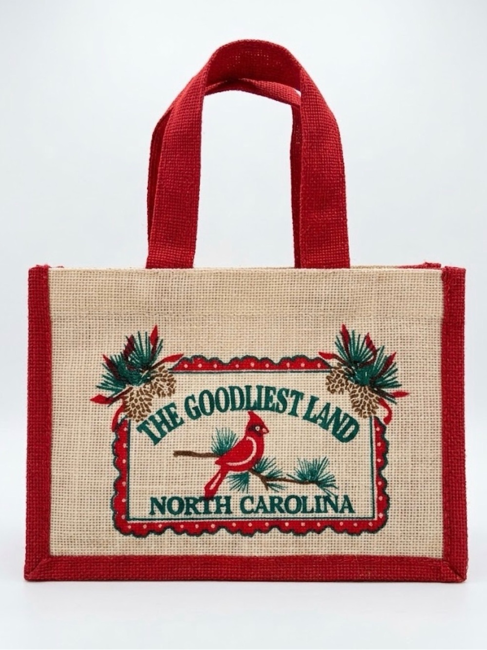The Goodliest Land North Carolina Jute Tote - Red & Natural Holiday Gift Bag